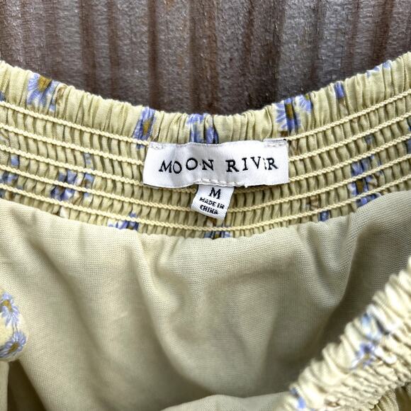 Anthropologie Moon River Tiered Ruched Midi Dress Yellow Floral Boho Medium - Picture 5 of 7